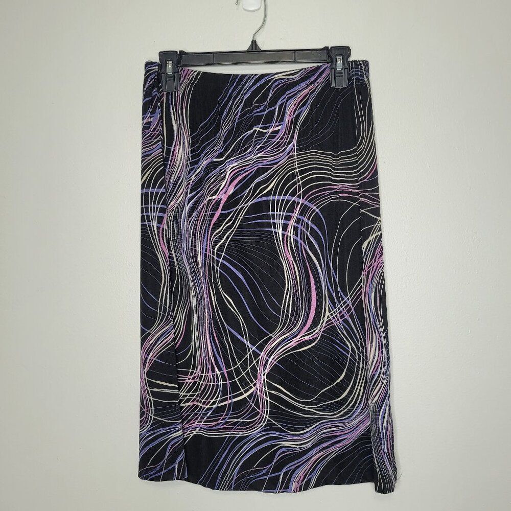 Black pink purple abstract art to wear grunge maximalist pull on midi skirt M